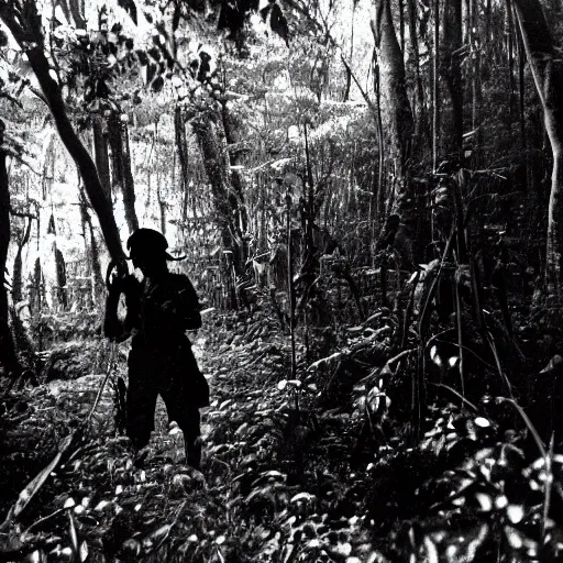 Prompt: Shadow creatures stalk through a forest, vietnam war photography