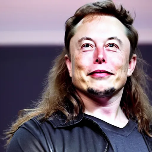 Image similar to A portrait photo of Elon Musk with very long hair
