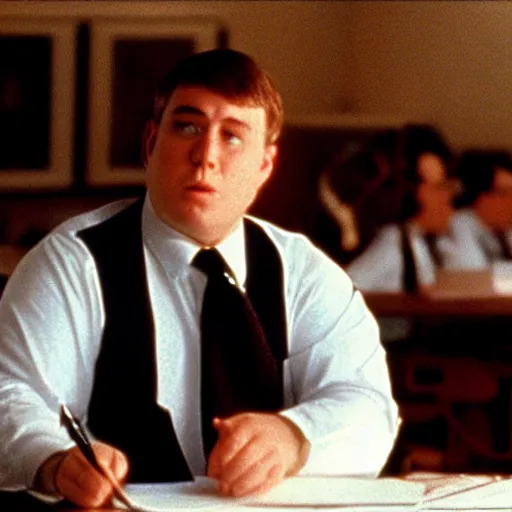 Prompt: clean - shaven chubby white wearing a shirt and necktie sitting at a desk, 1 9 8 9 movie still, cinematography, cinematic lighting