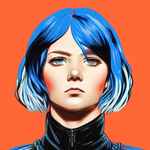 Prompt: ilya kuvshinov with long hair, sky blue hair, hazel eyes, boyish face, black leather jacket, professional digital painting, concept art, award - winning photography, cinematic, stained glass window, wlop, art by andy warhol, pixiv art, yoshitaka amano