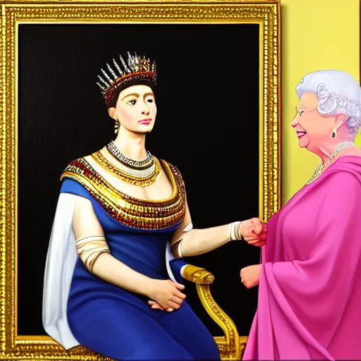 Image similar to hyper realistic oil painting of photo of queen elizabeth ii meeting queen cleopatra in egypt, in the style of caravaggio