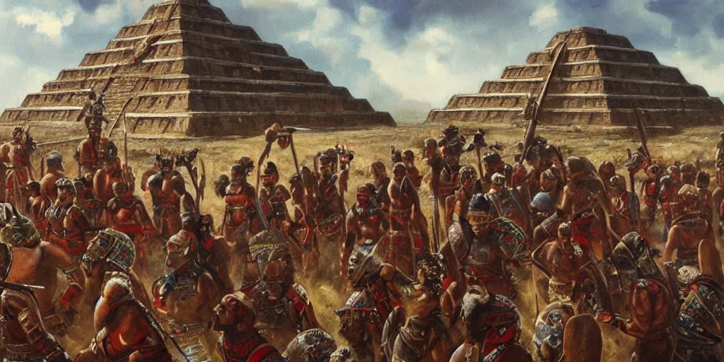 Prompt: simonetti rutkowski painting aztec warriors watching spaceship arriving to mesoamerican pyramid