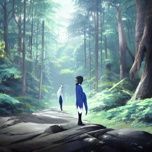 Image similar to concept art painting of an anthropomorphic humanoid white raven wearing dark blue robes, in the deep forest, realistic, detailed, cel shaded, in the style of makoto shinkai and greg rutkowski and james gurney