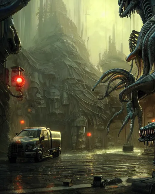 Image similar to xenomorph truck in a robust fantasy village, calming, uplifting mood, ultra realistic, factory, funny, small buildings, highly detailed, epic lighting, illuminated, cinematic, morning, art by eddie mendoza