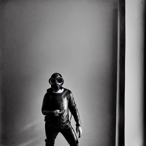 Image similar to portrait of a man with gasmask in the empty room, black & white photo by annie leibovitz