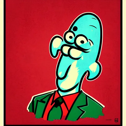 Image similar to handsome squidward portrait, soviet propaganda poster style, pop art, male, male portrait, vivid colors