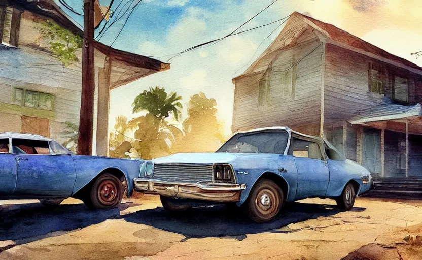 Prompt: a watercolor painting of a chevrolet opala parked near a 1 9 0 0 s house, digital painting, masterpiece, hyperrealistic, concept art, trending on deviantart, highly detailed, high quality, 4 k, symmetrical, low contrast, watercolor, warm, soft lighting, path traced, godrays