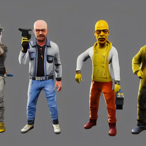 Image similar to walter white, jesse pinkman, and gus fring as fortnite skins, 3 d model, high resolution