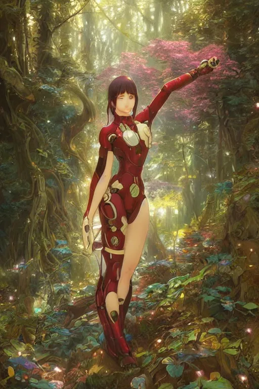 Prompt: anime key visual of a beautiful young female ironman intricate, magical forest, stunning, highly detailed, digital painting, artstation, smooth, hard focus, illustration, art by artgerm and greg rutkowski and alphonse mucha