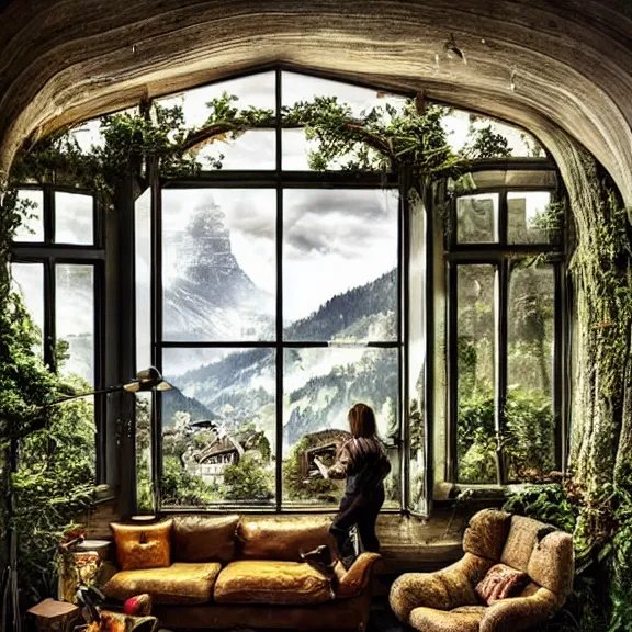 Image similar to fantastical living room with switzerland landscape in the window, beautiful dramatic lighting, overgrown with funghi, style by peter deligdisch, peterdraws