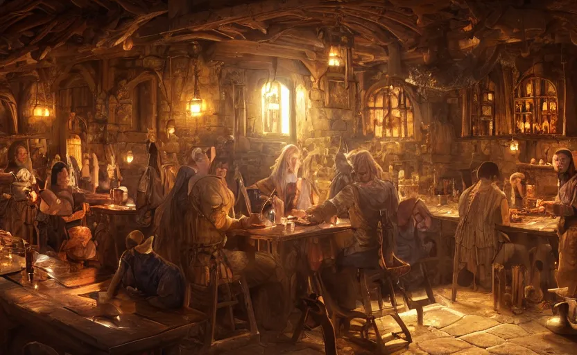 Image similar to highly detailed portrait of a medieval tavern, in disney, stephen bliss, unreal engine, fantasy art by greg rutkowski, loish, rhads, ferdinand knab, makoto shinkai and lois van baarle, ilya kuvshinov, rossdraws, tom bagshaw, global illumination, radiant light, detailed and intricate environment