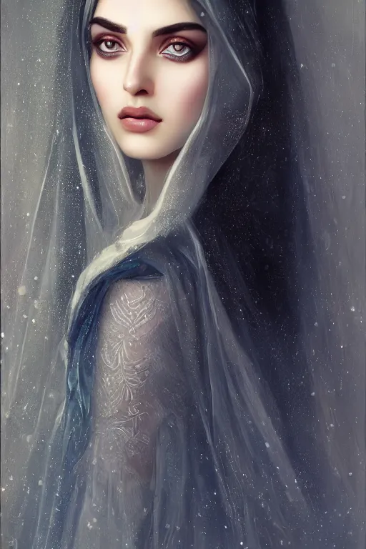 Image similar to ameera al taweel woman , bright blue eyes, wavy black hair, white veil, closeup, cinnamon skin color, elegant, highly detailed, centered, oil painting, artstation, concept art by tom bagshaw