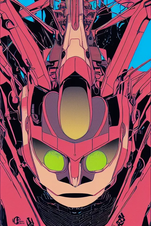 Image similar to a close - up of a evangelion head, drawn by robbie trevino and dan mumford, poster, forty - five degree perspective composition, digital art, comic art, concept art