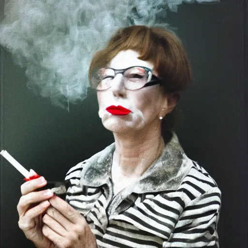 Prompt: overpainted photography portrait of a woman smoking a cigarette at a table by gerhard richter and cindy sherman, dim light, black and white