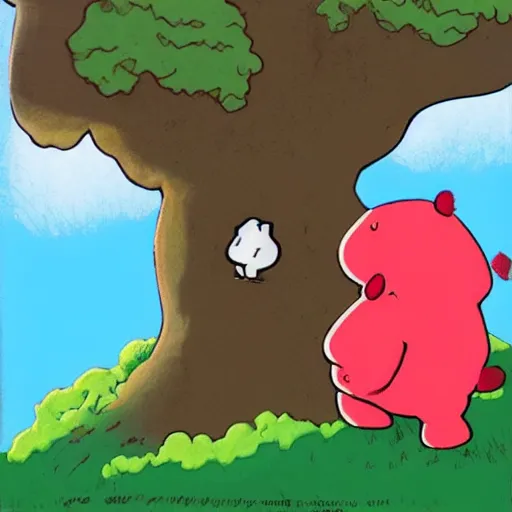 Prompt: “ small fat white blob creature with red hair climbing a tree, 9 0 s cartoon ”