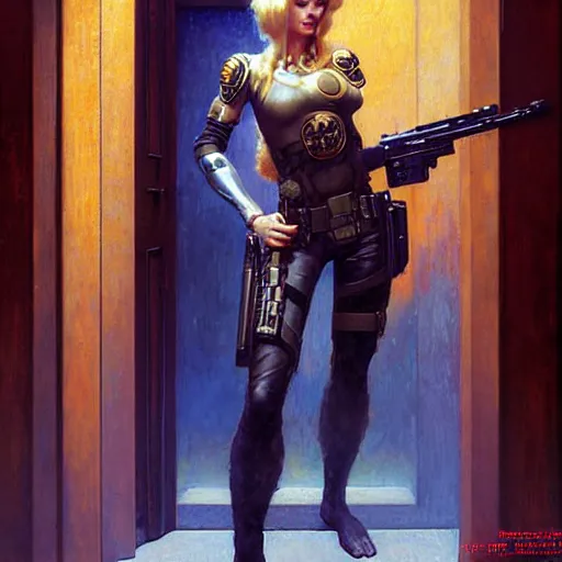 Image similar to portrait of beautiful blonde female sniper with blue eyes in front of room door. shadowrun cyberpunk fantasy d & d painting by gaston bussiere craig mullins jc leyendecker gustav klimt artgerm greg rutkowski john berkey, bergey, craig mullins, ruan jia, raymond swanland, tom lovell fortnite