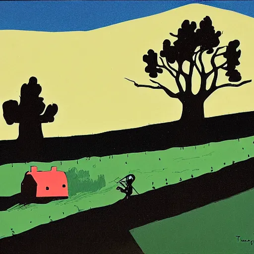 Image similar to a landscape and two silhouettes by tomi hungerer, illustration