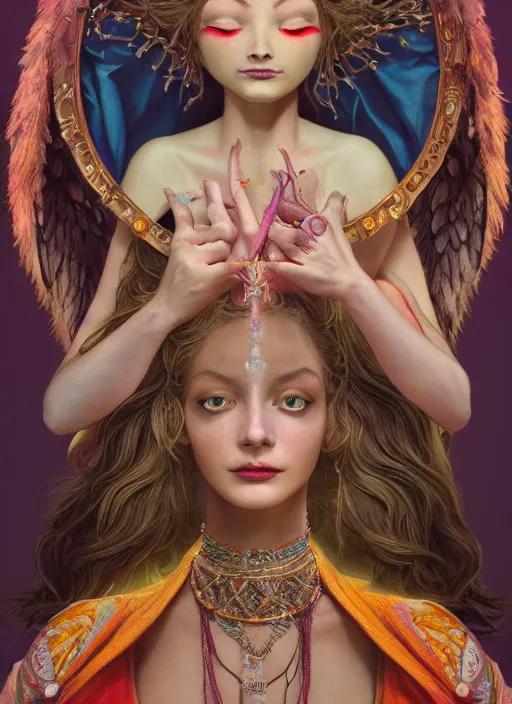 Image similar to an anthropomorphic beautiful goddess female wizard made of angel portrait holding a staff wearing colourful robe, fine art, award winning, intricate, elegant, sharp focus, octane render, hyperrealistic, cinematic lighting, highly detailed, digital painting, 8 k concept art, art by jamie hewlett and z. w. gu, masterpiece, trending on artstation, 8 k