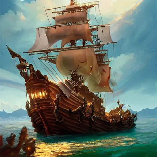 Image similar to a large pirate ship floating on top of a body of water, pirates flag , cgsociety, fantasy art, 2d game art, official art, concept art , behance hd , concept art by Jesper Ejsing, by RHADS, Makoto Shinkaic