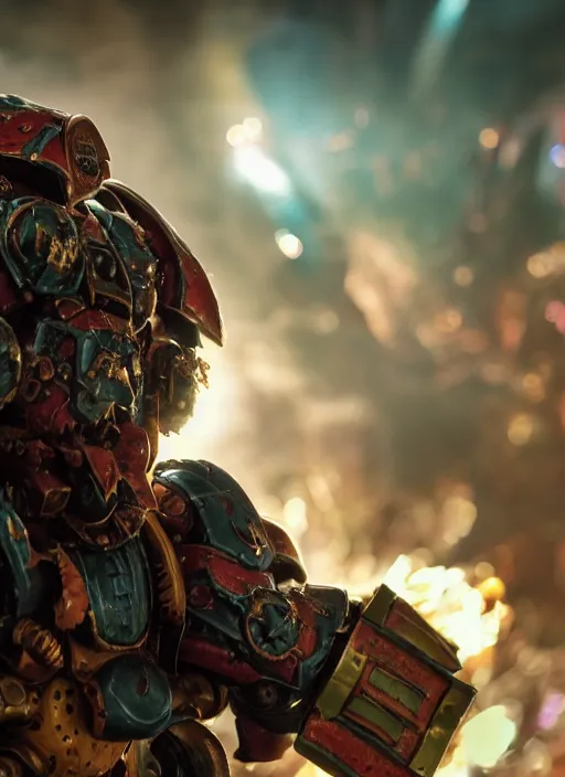 Image similar to Barry Chuckle as a Chaos Space Marine, splash art, movie still, cinematic lighting, dramatic, octane render, long lens, shallow depth of field, bokeh, anamorphic lens flare, 8k, hyper detailed, 35mm film grain