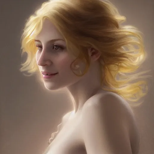 Prompt: A pregnant blond woman with closed eyes smiling, very detailed sharp angular masculine face, hooked nose and square jaw long fluffy curly blond hair, (12x) extremely pale white skin, light blond hair, gorgeous, beautiful, intricate, highly detailed, digital painting, artstation, concept art, sharp focus, illustration, art by greg rutkowski and alphonse mucha