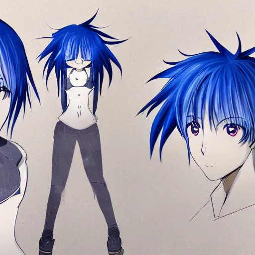 Image similar to concept art of a anime character with blue hair