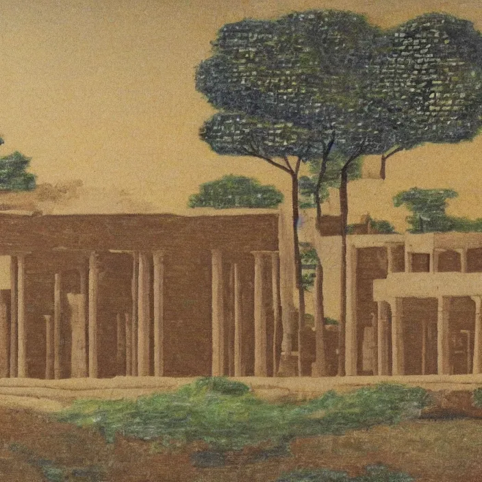 Prompt: a building in a serene landscape, ancient sumer painting