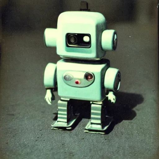 Prompt: 1 9 5 0 s polaroid photo of a miniature robot, cute, high quality, 1 9 5 0 s, polaroid, old