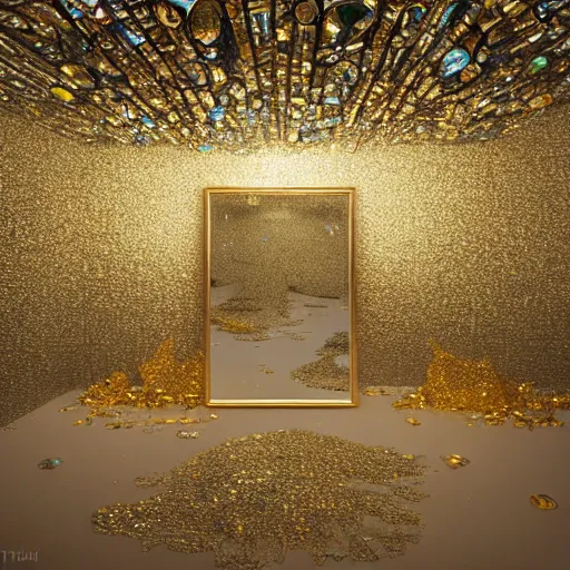 Prompt: an incredibly beautiful world of multifaceted crystal and polished mirrors in the style of erik johansson by dr. seuss covered in intricate gold leaf detail with soft indirect lighting, an ultrafine detail, final fantasy, cinematic colors, behance contest winner, unreal engine 5 highly rendered, global illumination, radiant light, detailed and intricate environment