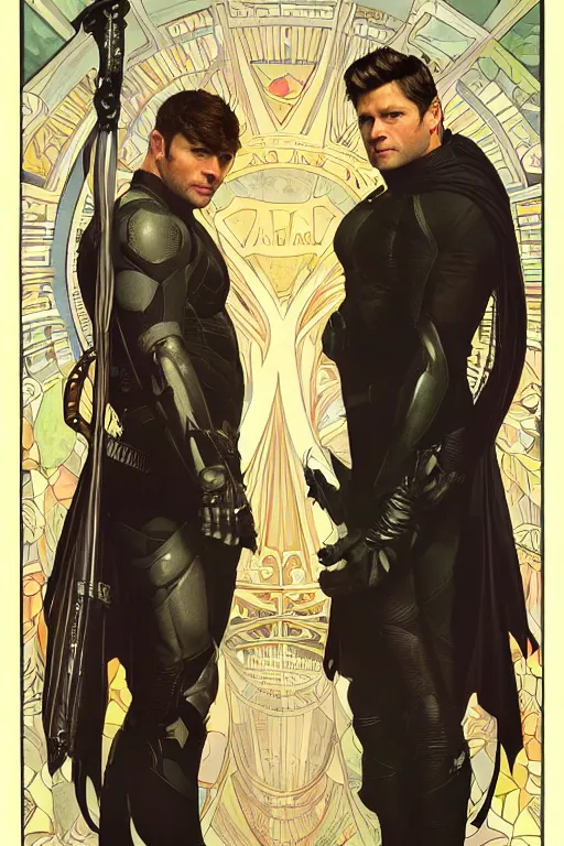 Prompt: a detailed matte portrait of jensen ackles and misha collins dressed as the adam west batman and robin, masterpiece, 8 k, art by alphonse mucha and greg rutkowski