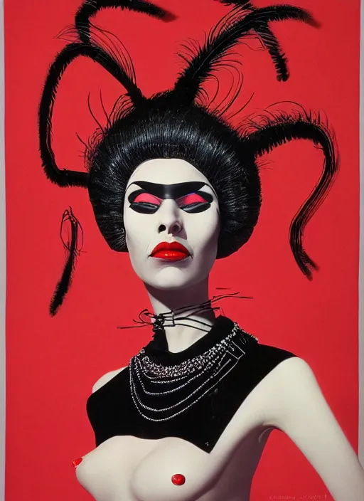 Image similar to an 8 0 s portrait of a woman with dark eye - shadow and red lips with dark slicked back hair, a mask made of wire and beads, dreaming acid - fueled hallucinations, hallucination psychedelic by serge lutens, rolf armstrong, delphin enjolras, peter elson, red cloth background, frilled puffy collar