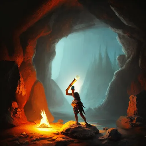 Image similar to a epic hero adventurer holding a torch in a dark cave, artgerm, realistic, cryengine, symmetric