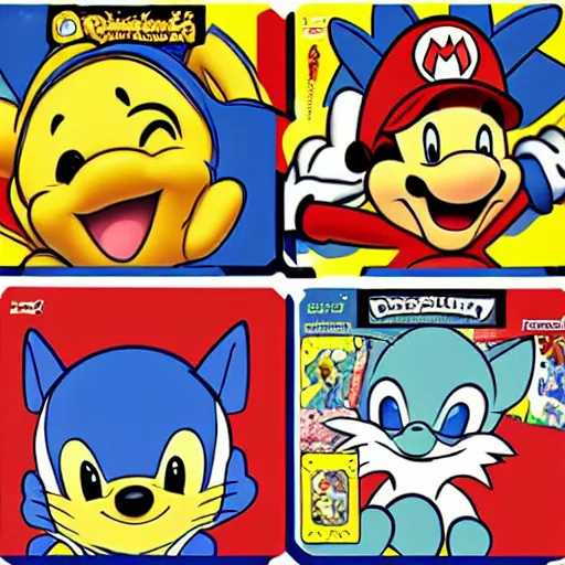 Image similar to photograph of winnie the pooh and super mario and sonic the hedgehog anime style, on pokemon card packs at target