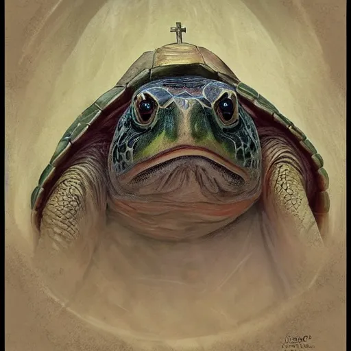 Image similar to regal papal pond turtle wearing a pope hat, D&D, fantasy, portrait, highly detailed, digital painting, trending on artstation, concept art, sharp focus, illustration, art by artgerm, greg rutkowski and magali villeneuve #pope francis #red ear slider turtle #vatican