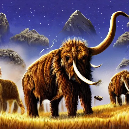 Image similar to a wooly mammoth fighting a herd of saber tooth lions, illustration, digital art