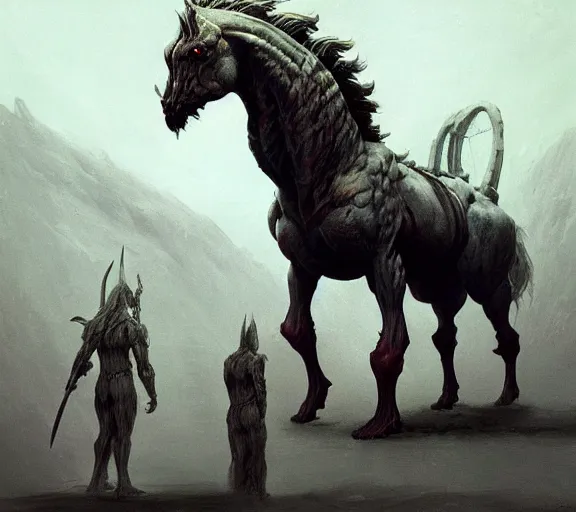 Image similar to centaur concept, full body concept, beksinski, wayne barlowe, adrian smith fantasy art, the hobbit art, lord of the ring art, the witcher concept art, trending on artstation, game of throne art