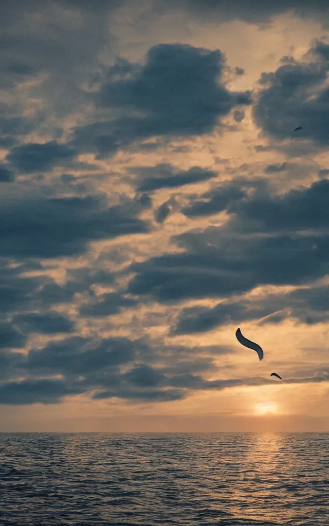 Image similar to realistic ocean in the sky, dusk, whale, clouds, moon, water, seagulls