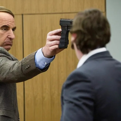 Prompt: saul goodman shooting a glock 1 9 inside a courtroom