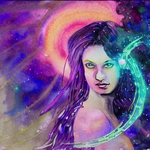 Prompt: Path of Exile, Maven, watercolour painting, female image with purple hair among colourful lights, dark blue spheres fly around, dark fantasy, steampunk, 4k,