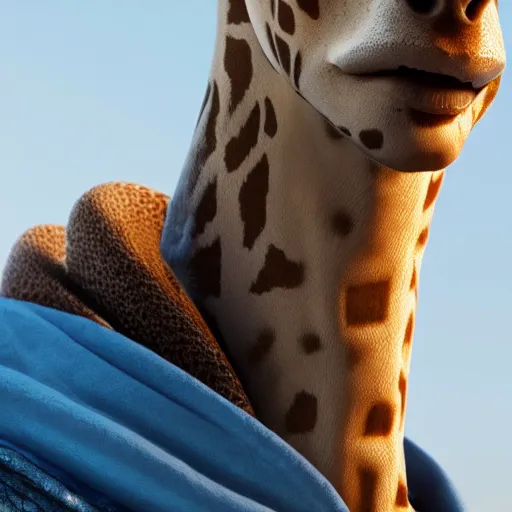 Image similar to a highly detailed portrait of a humanoid giraffe in a blue cloak, adventurer, artstation, deviantart, professional, unreal engine 5, octane render
