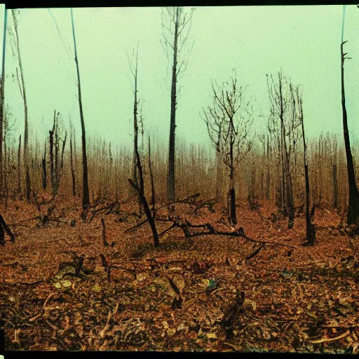 Prompt: 1 9 9 0 s faded vhs tape still, empty forest with dead trees, cloudy day, creepy