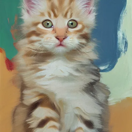 Prompt: a cream - colored maine coon kitten, digital art, abstract expressionists but minimalist broad light brush strokes, willem de kooning. energy influenced by both nature and music