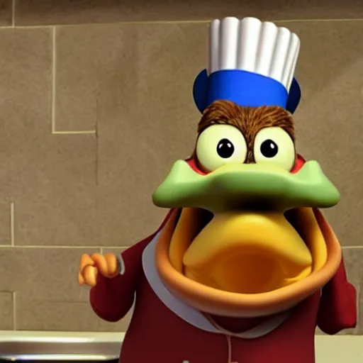 Image similar to pixar style platypus on a kitchen wearing a chef hat and holding a lasagna into an over, with three basil leaves over the lasagna, pixar style, ultradetailed, 3 d, ratatouille style