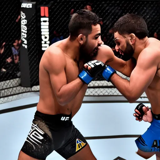 Image similar to ufc fight between rohit sharma & virat hohli in octagon, ultra realistic, highly detailed, canon 3 5 mm photography