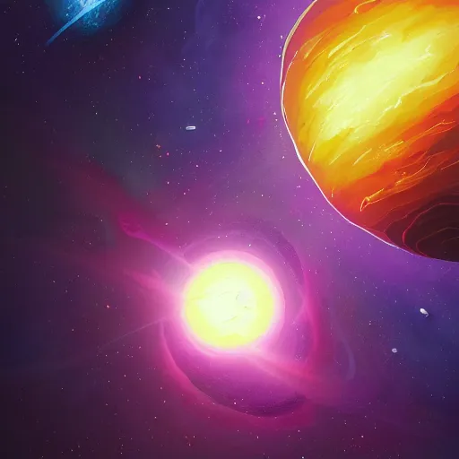 Image similar to a detailed digital painting of a marble - like planet orbiting a large purple sun in a sea of stars surrounded by colorful swirling gas clouds, by alena aenami, petros afshar and greg rutkowski trending on artstation, deviantart, planet, clouds, earth, exoplanet, stars, nubulae hubble