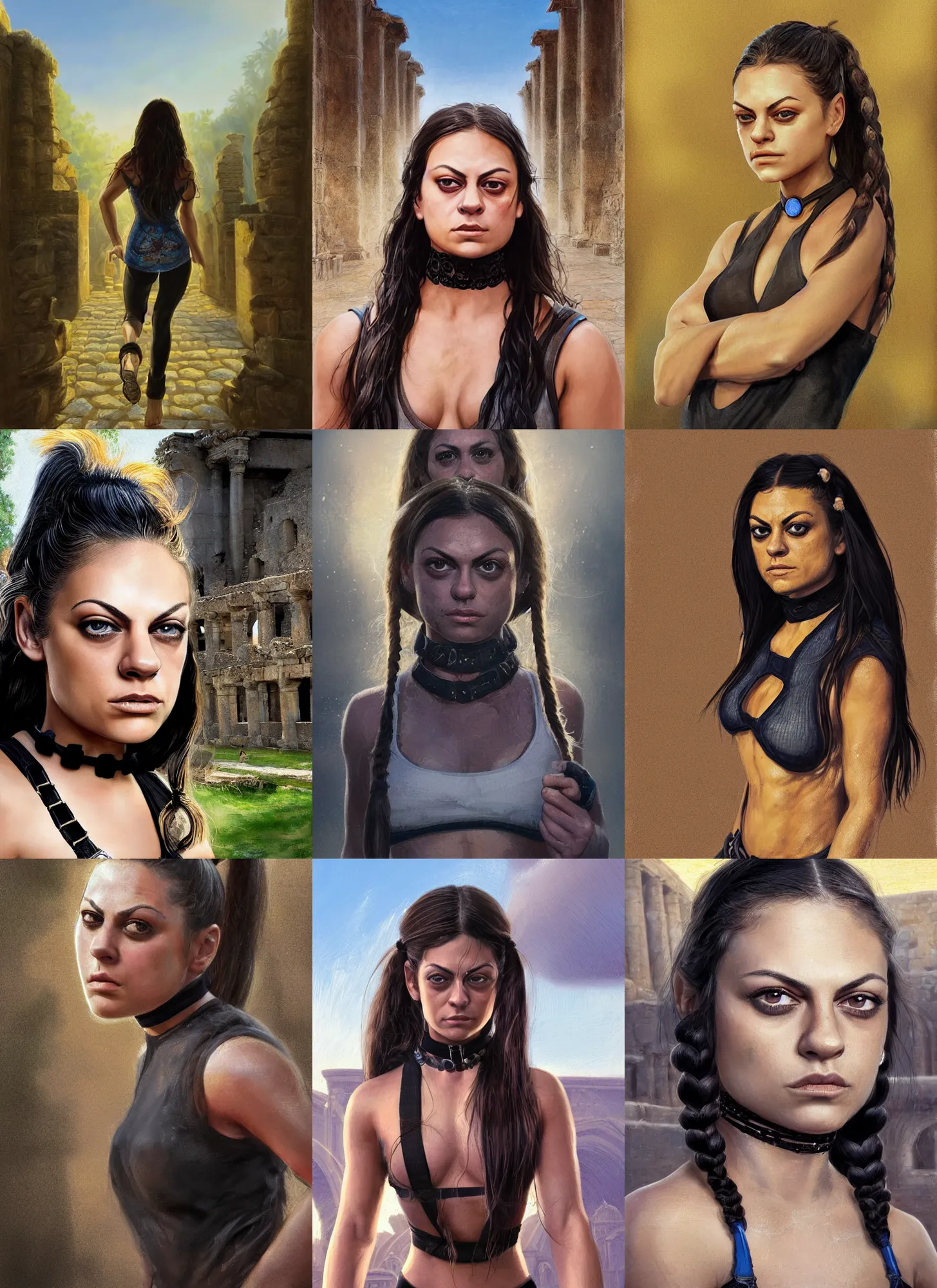 Image similar to portrait of young very muscled Mila Kunis with pigtails hair and bright blue squinting eyes looking directly into the camera, mouth slightly open, wearing intricate black choker, walking sweaty out epic ancient ruins, golden hour, elegant style, highly detailed, centered, sharp digital painting, artstation, concept art, smooth, sharp focus, illustration, Allan Lee, John Howe