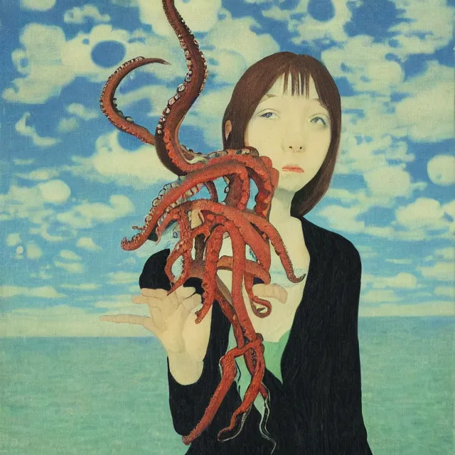 Image similar to tall emo girl artist holding an octopus, in odawara, books, small portraits, gourds, berries, pigs, acrylic on canvas, surrealist, by magritte and monet