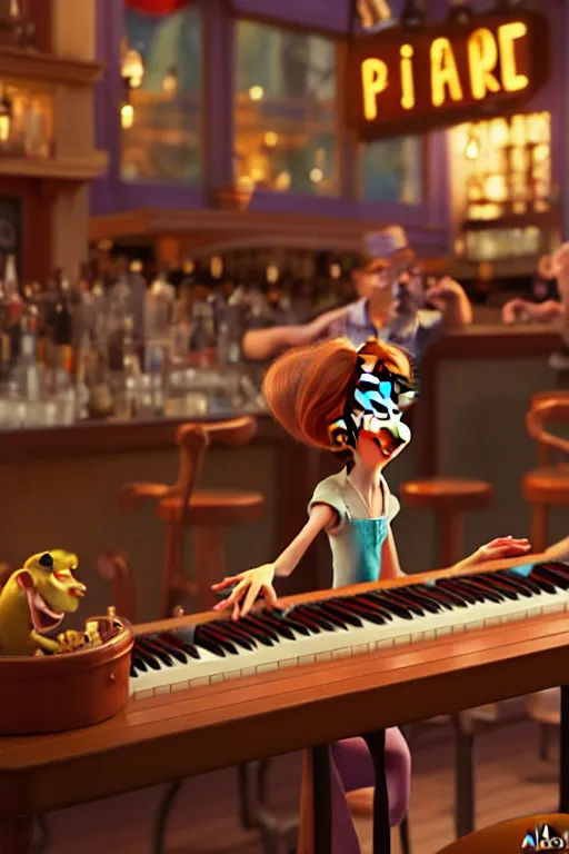 Image similar to the girl playing piano on a bar. pixar disney 4 k 3 d render funny animation movie oscar winning trending on artstation and behance. ratatouille style.