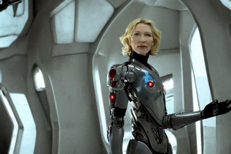 Image similar to cate blanchett on the bridge of a starship,cyborg arm, retro, movie still