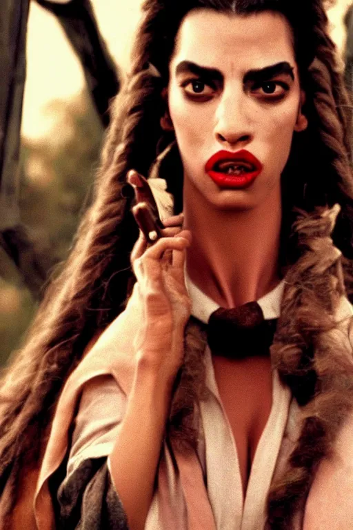 Image similar to film still of jar jar binks as a female cowgirl, long eyeslashes, huge juicy lips, big seductive eyes, dolce & gabbana campaign, shot by mario testino, realistic vfx simulation